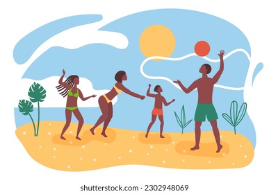 African American family playing beach volleyball. Mother and father play ball with children. Summer family active vacation.