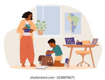 African American family preparing for school at home, boy packing his school bag, mother brings lunch box and textbook flat vector illustration.
