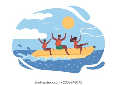 An African American family rides on a banana at the sea. Summer fun, father, mother and son enjoy life.
