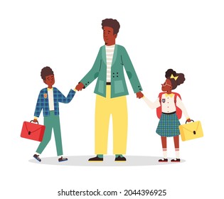 African American Family Rush To School And Work In The Morning, Flat Vector Illustration Isolated On White Background. Father And Children Going To School.