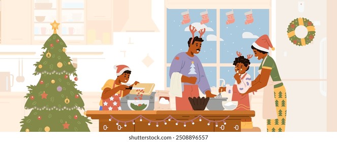 Familia afroamericana en sombreros y cornamentas de Santa haciendo la cena de Navidad en la Ilustración vectorial plana de la cocina. Padres con niños preparándose para la celebración de Navidad. 