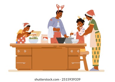 Familia afroamericana en sombreros y cuernos de Santa haciendo la cena de Navidad en la Ilustración vectorial plana de la cocina aislada en blanco. Padres con niños preparándose para la celebración de Navidad. 