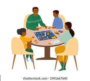 African American Family Sitting At Table Playing Board Game At Home Vector Illustration. Isolated On White.