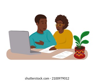 An African American family is sitting at a table at home, filling out paperwork, financial documents or family expenses, paying taxes or household bills on a laptop online. Flat vector illustration