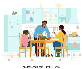 African American Family Spending Time Together In The Kitchen.  Talking And Laughing Kitchen Interior With Wooden Furniture, Fridge,Table With Chairs. Flat Vector Illustration.