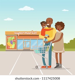 African american family standing in front of supermarket building with shopping cart, people shopping concept vector Illustration