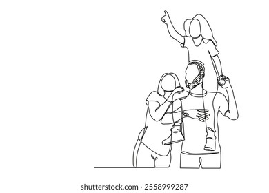 African American Family Of Three People Standing Background. Modern Minimalist One Line Drawing	