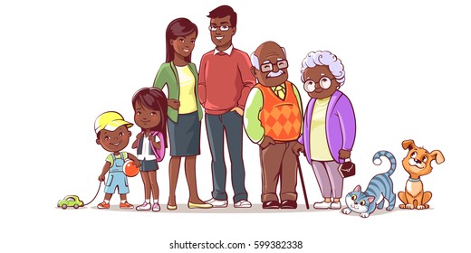 African american family together. Group of people standing. Little boy, teenager girl, woman, man, old man, senior woman, cat, dog. Father, mother, sister, brother, grandfather, grandmother, pets.
