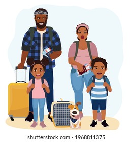 African american family with two kids. Traveling during outbreak of coronavirus epidemic. Vector illustration.