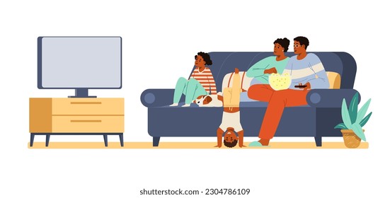 Familia afroamericana con dos niños y un perro viendo la televisión juntos sentados en el sofá con una ilustración vectorial plana.