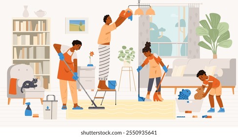 African American family with two kids cleaning the living room flat vector illustration. Family doing house chores together.