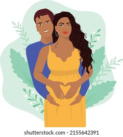African american family waiting baby hugging arms tummy. Modern banner about pregnancy and motherhood.