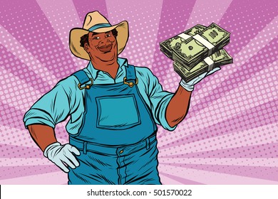 African American farmer with a bundle of money, pop art retro vector illustration