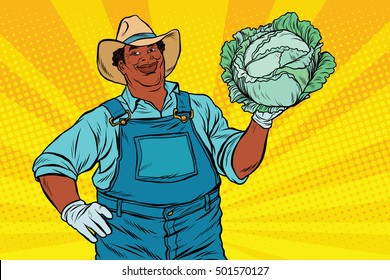 African American farmer with cabbage, pop art retro vector illustration