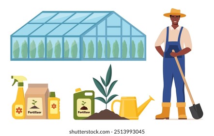 Caráter agricultor afro-americano e diferentes elementos agrícolas. Estufa, fertilizantes, água. Conjunto de elementos no tema do farm. Ilustração vetorial