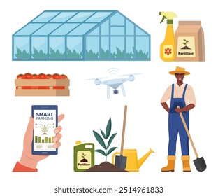 Caráter agricultor afro-americano e diferentes elementos agrícolas. Estufa, fertilizantes. Agricultura inteligente, drone na indústria agrícola. Smartphone com aplicativo para plantas de controle crescendo. Ilustração vetorial