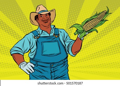 African American farmer with corn on the cob, pop art retro vector illustration