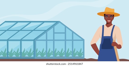 Agricultor afro-americano e estufa. Cultivo de plantas. Desenho para agricultura, horticultura ou agronomia. Modelo para faixa, cartaz, folheto. Ilustração vetorial