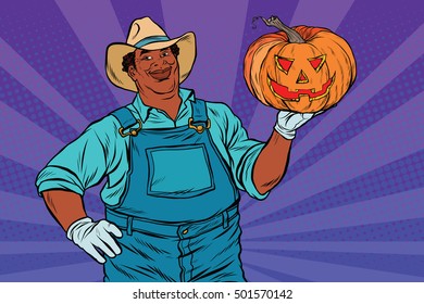 African American farmer with a Halloween pumpkin, pop art retro vector illustration