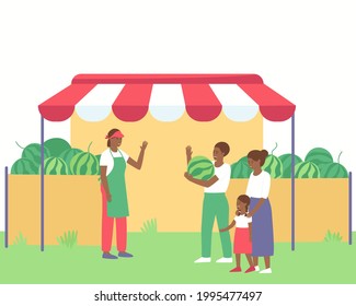 An African American Farmer Sells Watermelons To A Family. Children Need Fresh Fruit. Fresh Watermelons Are Sold In Crates. Flat Vector Illustration.