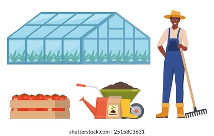 Característica de mulher agricultora afro-americana e diferentes elementos agrícolas. Estufa, fertilizantes, regador, carroça. Conjunto de elementos no tema do farm. Ilustração vetorial