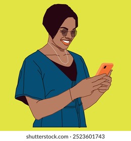 Uma senhora da moda afro-americana segurando um celular sorrindo para suas mensagens usando óculos