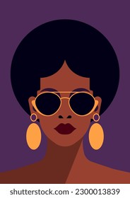 Afroamerikanische Modefrau trendy Art minimalistischen Porträt Gesicht in Sonnenbrillen, Vektorgrafik. Afro-ethnische weibliche Kopf in Ohrringen - silhouette Hintergrund für Plakatkartendruck