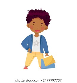 African American Fashionable Boy Standing in Trendy Jacket Holding Shopping Bags Vector Illustration