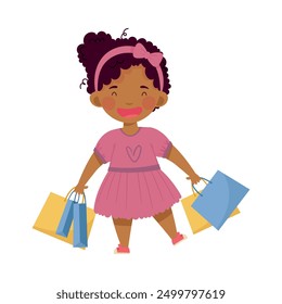 African American Fashionable Girl in Pretty Dress Walking with Shopping Bags Vector Illustration