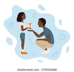 African american father and daughter. Receiving a gift. Illustration for Father's day greeting card, banner, poster. White background, vector.