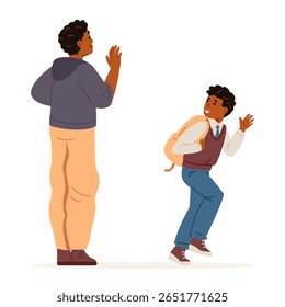 African American father escorting primary school son to school waving, saying good buy flat vector illustration isolated on white.