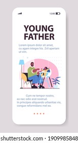 african american father feeding his little son on kids eating chair fatherhood parenting concept dad spending time with baby at home smartphone screen vertical full length copy space vector