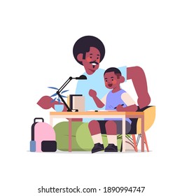 african american father helping son doing homework parenting fatherhood friendly family concept dad spending time with his kid full length vector illustration