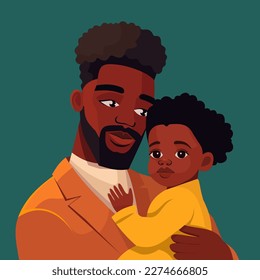 African American father holding his daughter with care and love. Father's Day greeting concept, greeting card for gift, letter, poster
