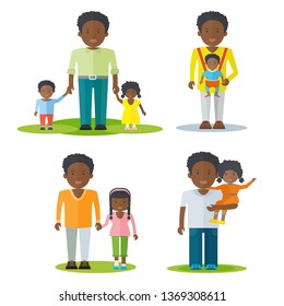 African american father with kids. Dad, mom, kids. Friendly caring family. Family relationships, love. Flat cartoon illustration on white background.