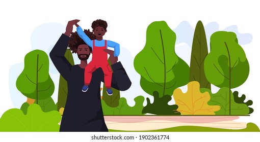 african american father playing with little son parenting fatherhood concept dad spending time with his kid family walking in park landscape background portrait horizontal vector illustration