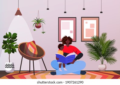 african american father reading book with little son parenting fatherhood concept dad spending time with his kid at home horizontal full length vector illustration