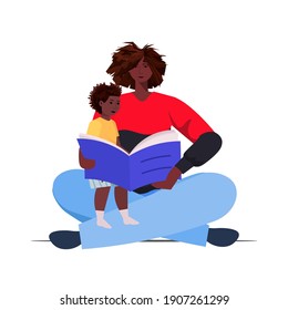 african american father reading book with little son parenting fatherhood concept dad spending time with his kid full length vector illustration