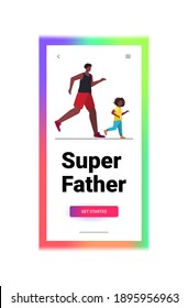 african american father running with little son parenting fatherhood concept dad spending time with his kid vertical copy space full length vector illustration