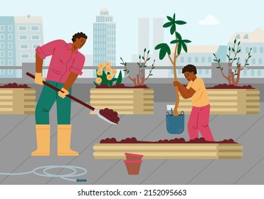 African american father and son gardening in the rooftop garden vector illustration. Man and boy planting tree.