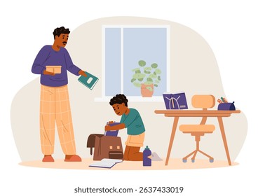 African American father and son preparing for school together at home, boy packing his school bag, dad brings lunch box and textbook flat vector illustration.