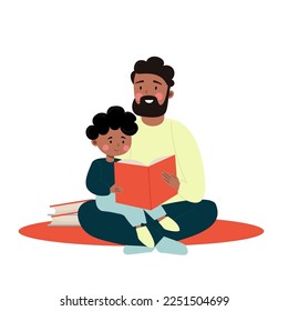 African American father and son reading a book together. Vector illustration