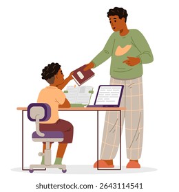 African American father and son studying at home flat vector illustration isolated on white. Primary school boy sitting at desk with laptop taking textbook from his father.