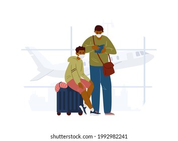 African American Father And Son Wearing Protective Masks Waiting In Airport. Teenage Boy Sitting On Suitcase. Travel During Pandemic Concept. Flat Vector Illustration. 