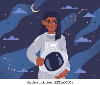 African american female astronaut. Young girl stands against background of night sky with stars and moon. Astrology and astronomy. Travel and adventure concept. Cartoon flat vector illustration