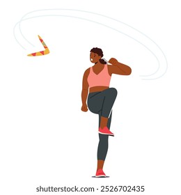 Personaje De Atleta Femenina Afroamericana Con Traje Deportivo Lanzando Un Boomerang Con Energía Y Enfoque Capturando El Espíritu De Actividad Y Fuerza. Ilustración vectorial de Personas de dibujos animados