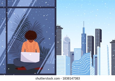 African american female blogger during freelance work on laptop at home in winter.Hipster girl enjoying panoramic view of city downtown and studying.Nice workplace,office,coworking.Vector illustration