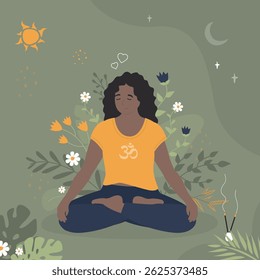 personagem feminina afro-americana fazendo yoga. Mulher fazendo pose de lotus asana e meditando. Elementos florais, flores e folhas sobre fundo. Saúde mental, cura espiritual da mente com meditação.