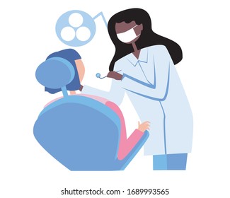 African American female dentists or ortadont in the office and patient in the dental chair isolated on white background. Flat vector stock illustration as a concept for the treatment of molars 