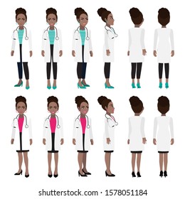 African American female doctor cartoon character. Front, side, back, 3-4 view animated character. Flat vector illustration.